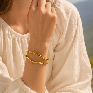 Modern Boho Hammered 18K Gold Plated Cuff Bracelet | Adjustable Open Bangle